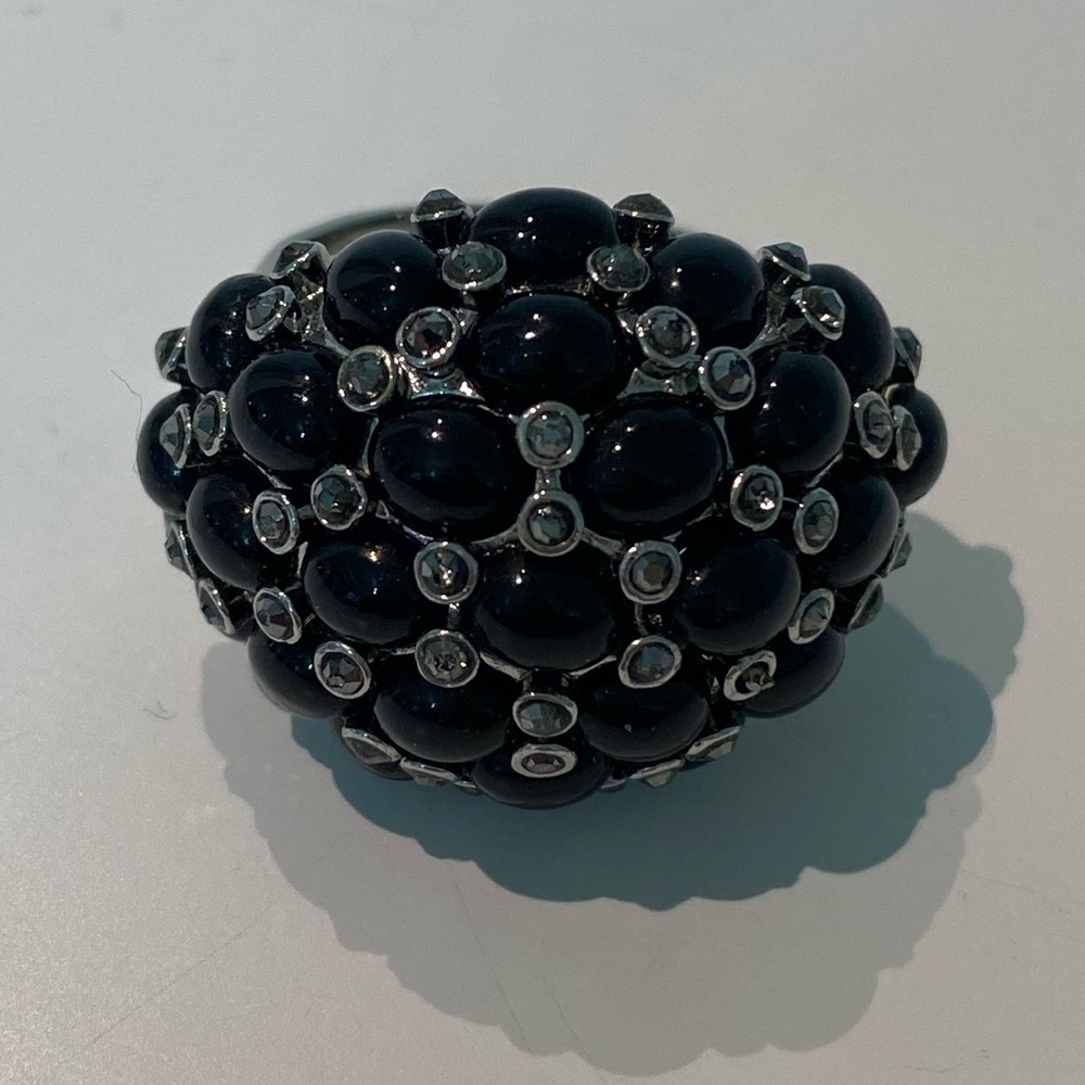 Stella & Dot Black Enamel & Silver Adjustable Size Cocktail Ring Sz 8